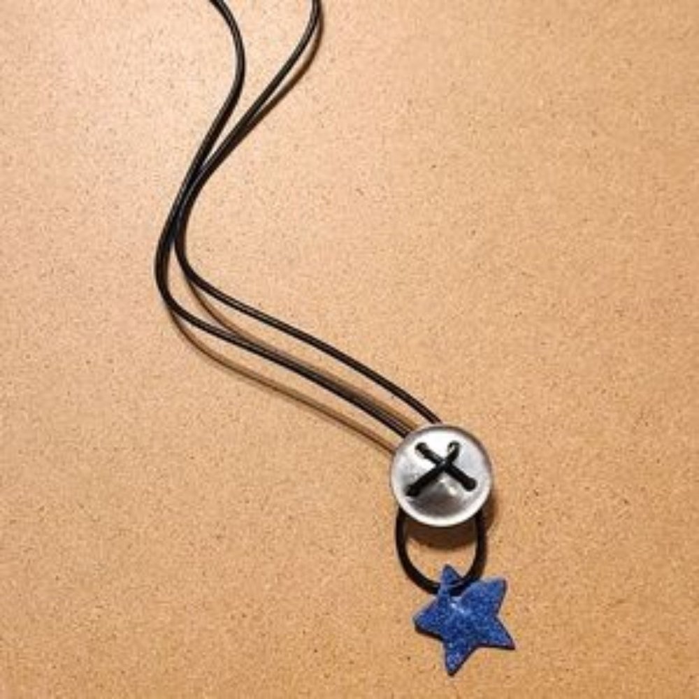 FREE W ANY PURCHASE Blue Stone Star Silver Disc Black Faux Leather Cord Necklace
